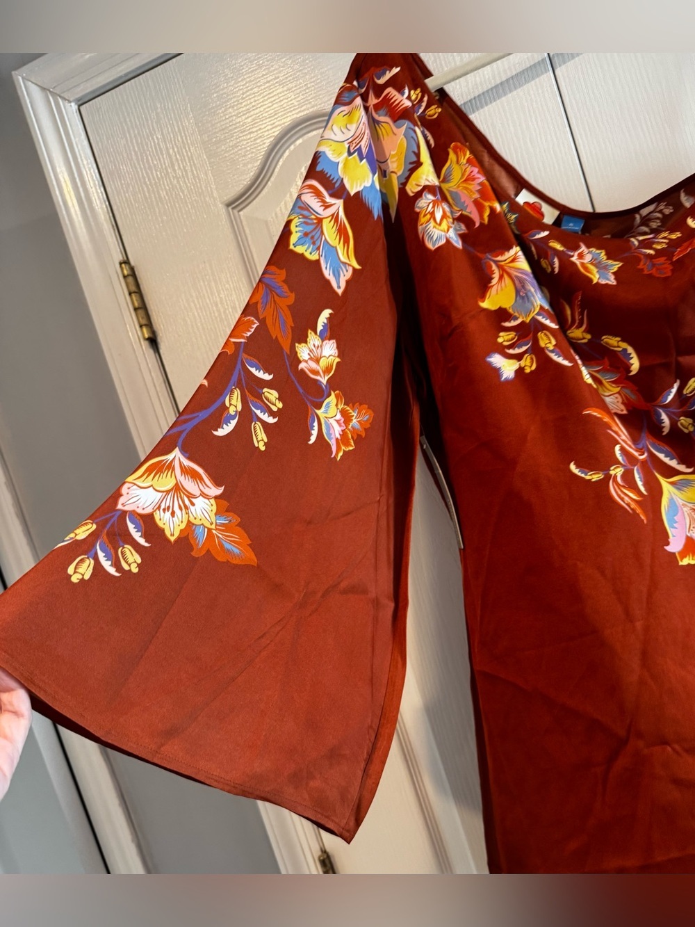 FARM Rio Rust Floral Patterned One Shoulder Bell Sleeve Mini Dress - Size XL - Picture 4 of 7